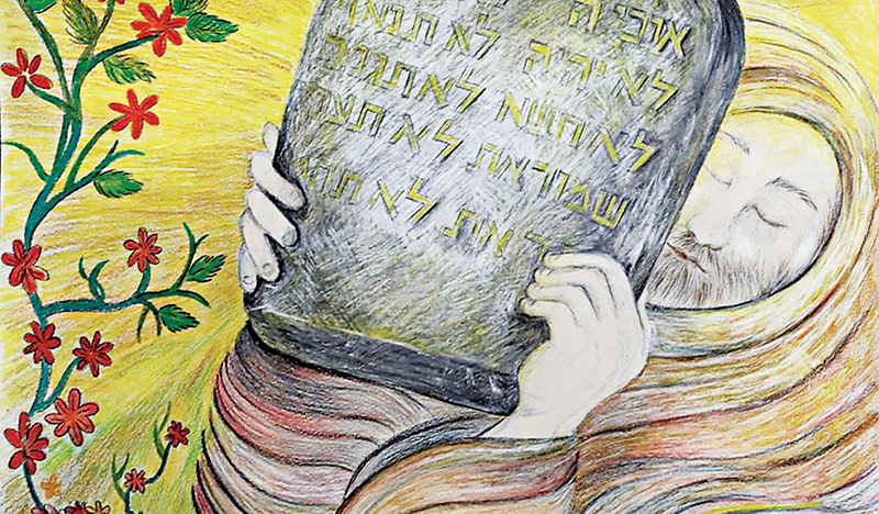 Moses mit den Gesetzestafeln - die zehn Gebote (ein Bild der Künstlerin Dvora Barzilai). Die Worte Gottes sind eine Anfrage an uns.