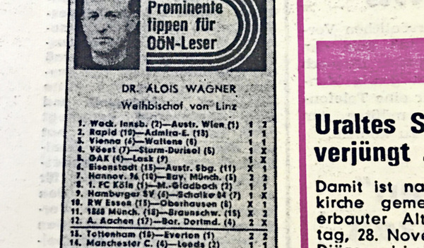 Der Wettschein von Weihbischof Wagner: Drei Tipps in der ersten und sechs Tipps in der zweiten Reihe waren laut Internet-Recherche der KiZ richtig. Auffallend: Die Clubs kamen noch ohne Sponsor-Namen aus.   