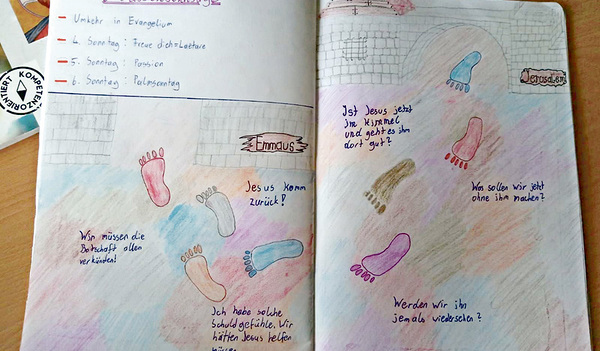 Schulheft mit Zeichnungen zu den Fastensonntagen, gestaltet im Religionsunterricht im BORG Perg   