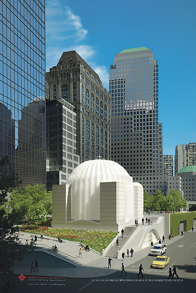 Modellzeichnung der griechisch-orthodoxen Kirche am Rande des Parks der Gedenkstätte 9/11, die auf dem ehemaligen Areal des World Trade Centers in New York errichtet wurde.