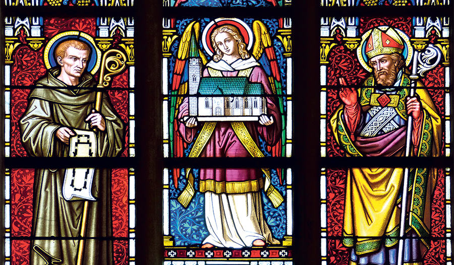 Bischof Altmann von Passau weiht die Kirche von Thalheim, Glasfenster, 1883, Thalheim bei Wels, Pfarrkirche  St. Stephan.  