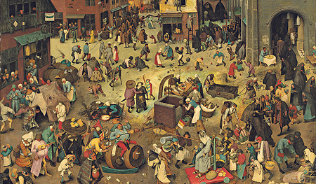 Heute würde man „Wimmelbild“ dazu sagen – ein Blick auf den Dorfplatz mit thematischem Schwerpunkt: „Der Kampf zwischen Karneval und Fasten“ von Pieter Bruegel d. Ä., 1559, Öl auf Eichenholz, 118 × 164,5 cm, Wien, Kunsthistorisches Museum.