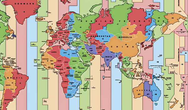 Zeitzonen weltweit – in der Realität bestimmen Ländergrenzen mehr als Längengrade.   