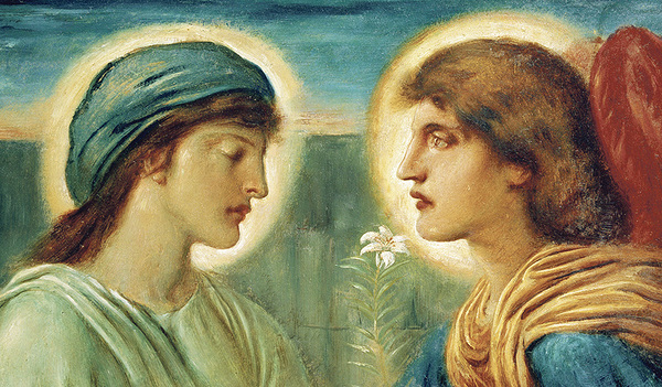 Der Erzengel Gabriel verkündet Maria die Geburt ihres Sohnes Jesus.  Ölbild auf Leinwand (1894) von Simeon Solomon, Russel-Cotes Museum in Bournemouth, England