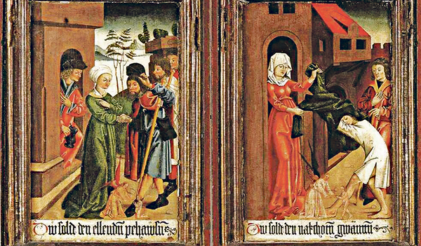 Die Werke der Barmherzigkeit, Monogrammist SH, um 1480/85, Malerei auf Holz, Flügelgröße je 175 x 43,5 cm, Linz, Landeskultur GmbH, Schlossmuseum   