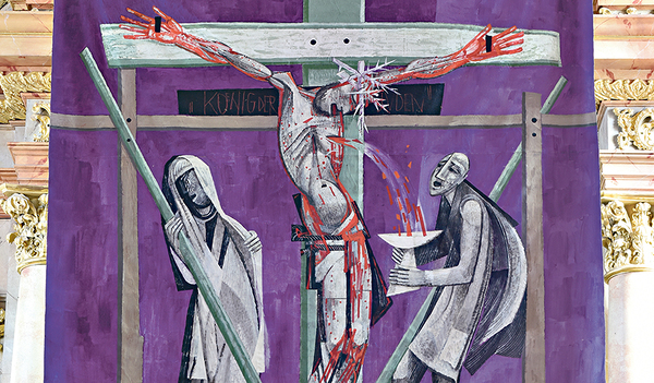 Intensive Zuwendung zum Kreuz in der künstlerischen Arbeit von Helmut M. Berger, hier sein Fastentuch für die Pfarrkirche St. Laurenz in Altheim.   