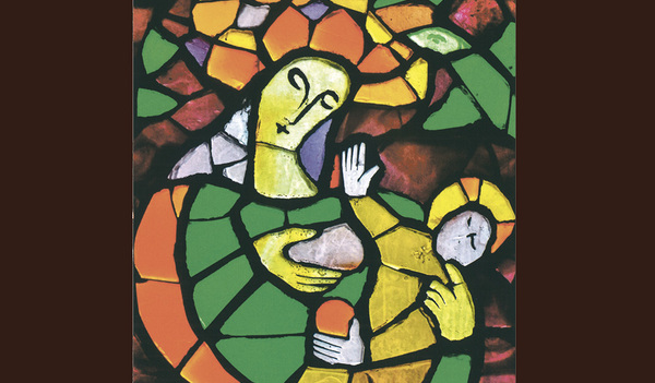 Stillende Maria. Pfarrkirche Hl. Margaretha in Prambachkirchen. Ein Werk von Margret Bilger (1904–1971), gefertigt von der Glasmalerei Stift Schlierbach.  