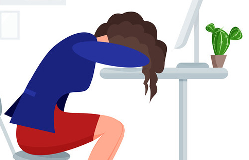 Woman get tired sleeps at work at lunch time right at the office desk near laptop. Vector illustration colorful isolated on white background