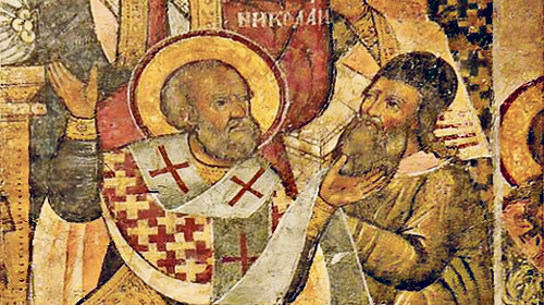 Sankt Nikolaus schlägt Arius, mittelalterliche Ikone.