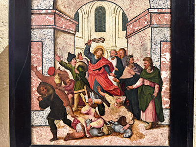 Leihgabe aus St. Florian: Die Vertreibung der Händler aus dem Tempel, Darstellung aus dem 17. Jahrhundert. Der Tempel sieht wie eine Kirche aus.