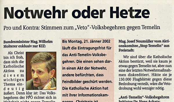 Die KirchenZeitung berichtete im Jahr 2002 über das Veto-Volksbegehren gegen Temelin. 