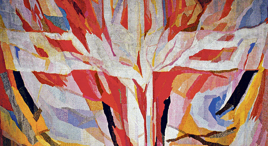 Fritz Riedl, Pfingsten, Webteppich, 1968, Schaf- und Baumwolle, 265 × 165 cm, Linz, Pfarrkirche Heiliger Geist, Werktagskapelle. 