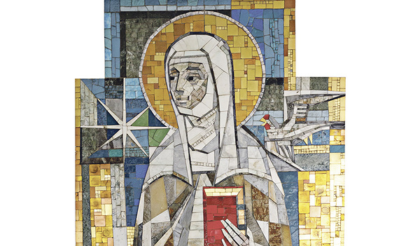 Eine Darstellung der heiligen Elisabeth (Ausschnitt) grüßt Patient/innen und Besucher/innen des Ordensklinikums der Elisabethinen Linz.    