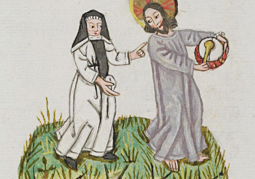 Christus trommelt und tanzt vor der liebenden Seele. Buchmalerei aus Codex 710 in der Stiftsbibliothek Einsiedeln