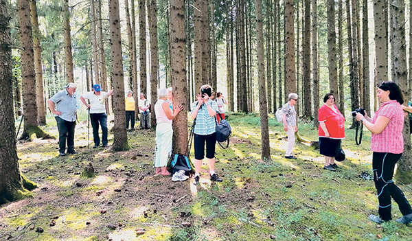 Die Teilnehmer/innen  an der Blindenfreizeit bei der Besinnung im Wald.