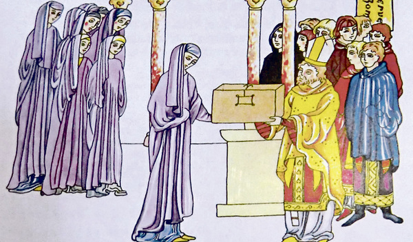 Bischof Remigius  von Straßburg übergibt der Äbtissin des Klosters Eschau die Reliquien der heiligen Sophia. 