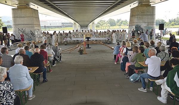 Die Architektur der neuen Eisenbahnbrücke mit Sicht auf die Donau und das gegenüberliegende Ufer bildeten eine eindrucksvolle „Kathedrale“.  