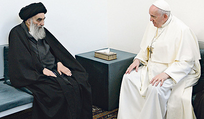 GeEin Treffen mit historischem Rang: Der schiitische Großajatollah Ali al-Sistani begegnet im irakischen Nadschaf Papst Franziskus.