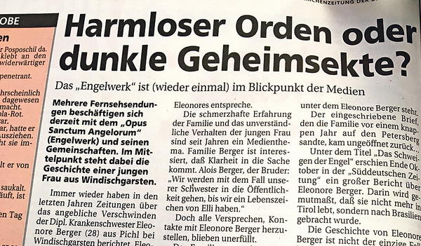 „Harmloser Orden oder dunkle Geheimsekte?“: der Titel zum Bericht über das Engelwerk   