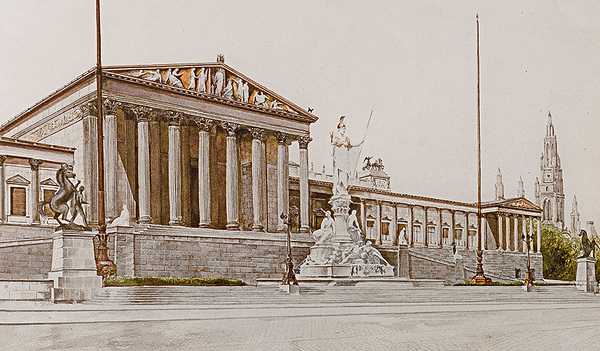 Adolf Hitler hat in seiner Zeit in Wien Postkarten von bekannten Gebäuden oder Stadtansichten gemalt und verkauft. Eines der Motive war das Parlament.  