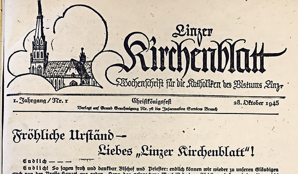 Lesen Sie die erste Ausgabe des Linzer Kirchenblattes vom 28. Oktober 1945 auf www.kirchenzeitung/75.at. 