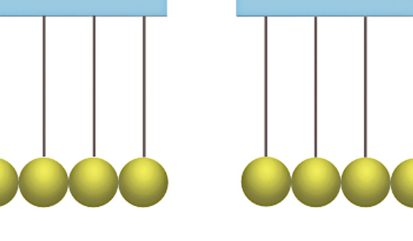 Das Prinzip des  Kugelstoßpendels.  Links: vor dem Stoß. Rechts: nach dem Stoß. 