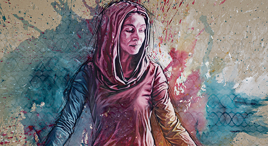 „Die Gabe“ aus der Serie „Sie“ von Evelyn Kreinecker (Acryl, Lack, Kohle, Öl auf Leinwand, 130 × 160 cm). 